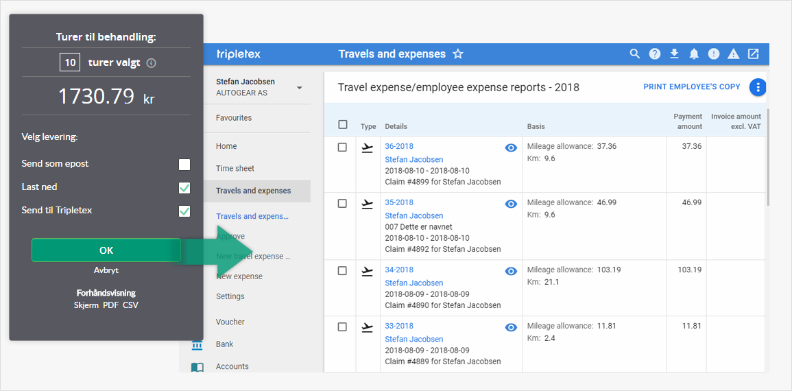 Autogears integrasjon sender krav om kjøregodtgjørelse direkte fra Autogear til Tripletex sin reiseregningsmodul. I Tripletex dukker turene og bompengene som har blitt sendt opp som en ferdig utfylt reiseregning som kan sendes videre til godkjenning. Regnskapsføringen av kjøregodtgjørelsen vil dermed foregå automatisk.