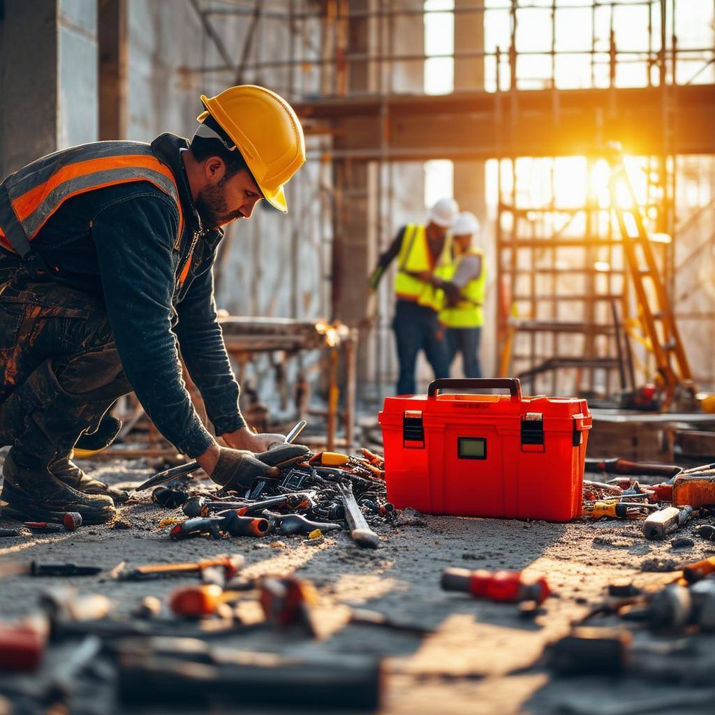 The image depicts a bustling construction site in the early morning light, with workers engaged in various tasks-1