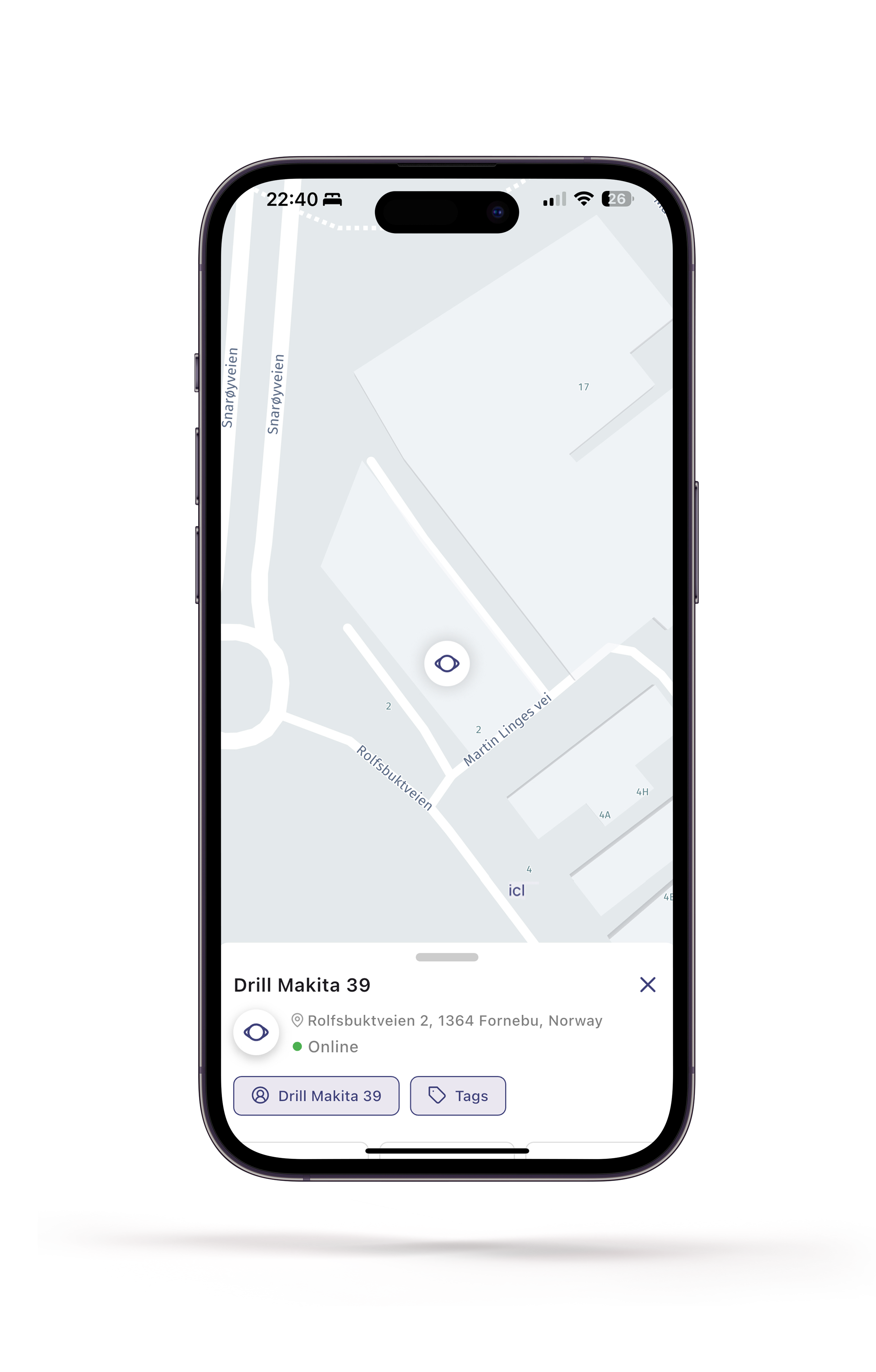 Autogear Locator-app viser utstyr med Tag på kart