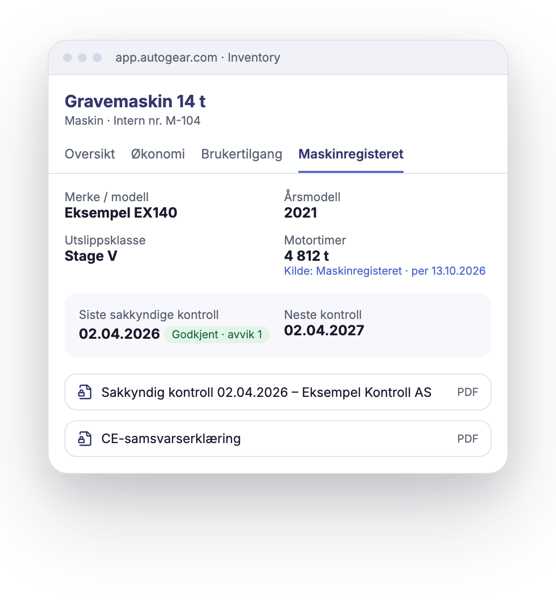 Maskinregisteret-fanen i Autogear Inventory med sakkyndig kontroll, motortimer og dokumenter